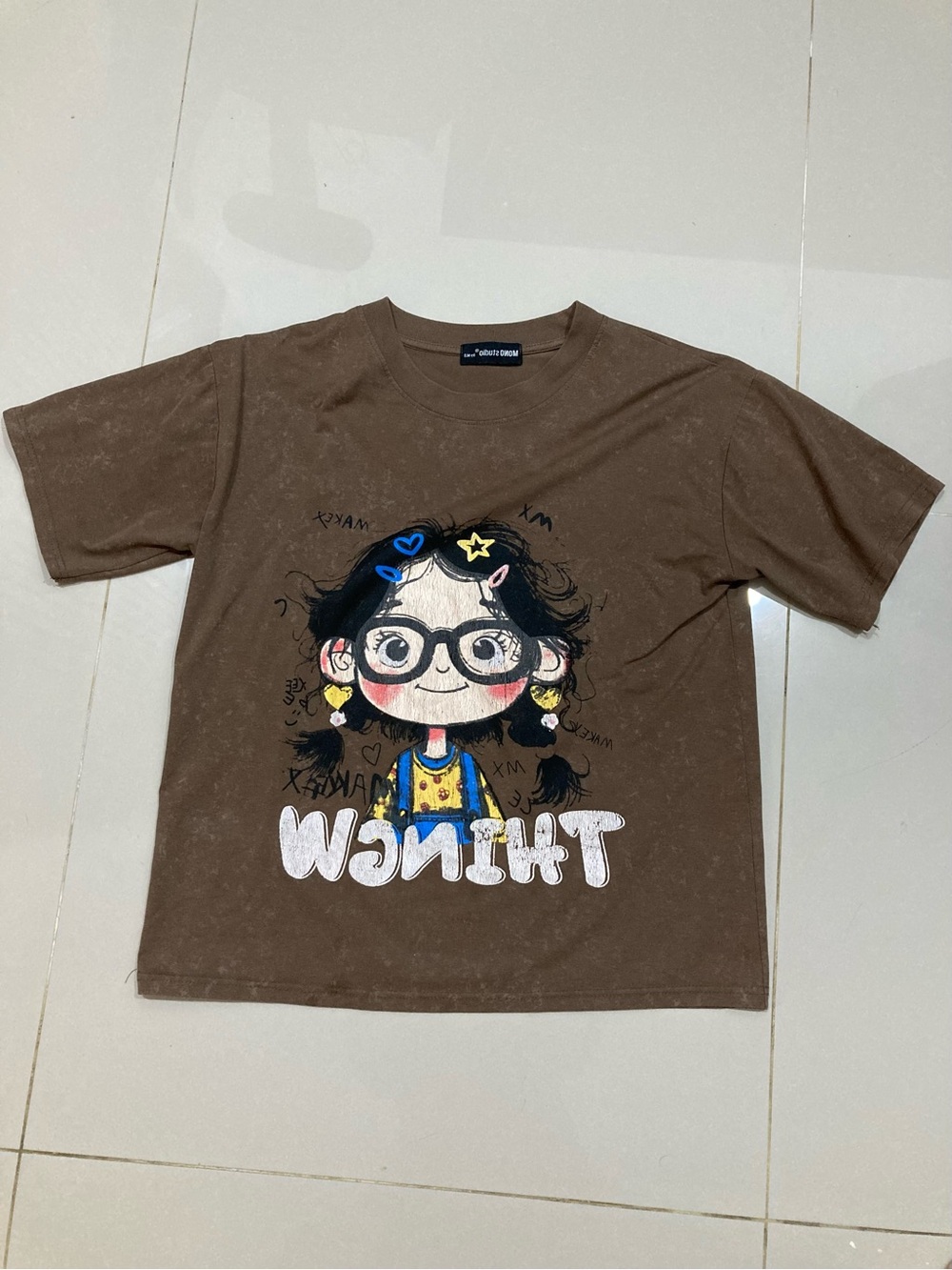 Kids Brown Graphic Tee with Cartoon Girl Print